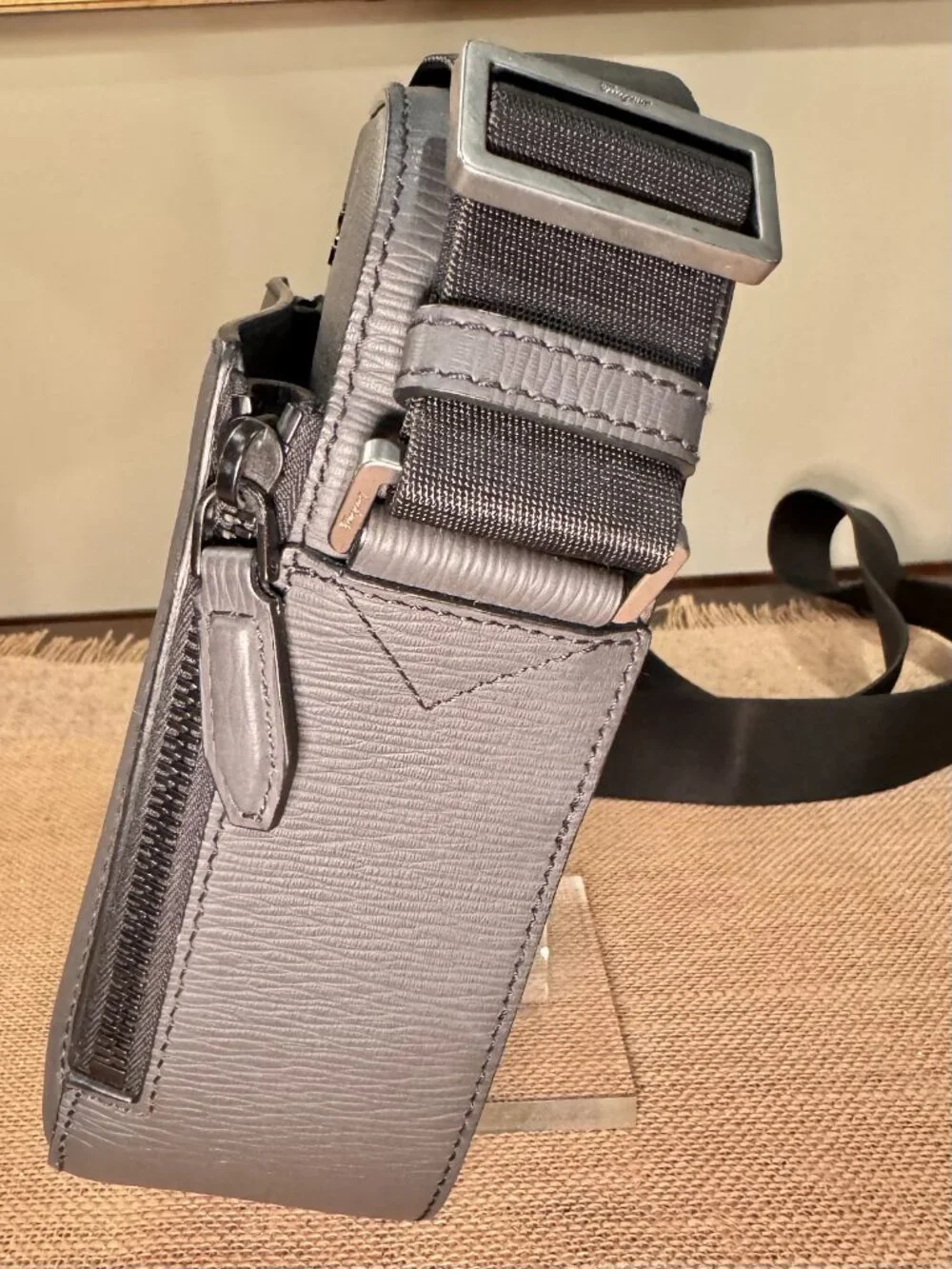 Salvatore Ferragamo Revival Leather Crossbody Bag — Grey Textured
